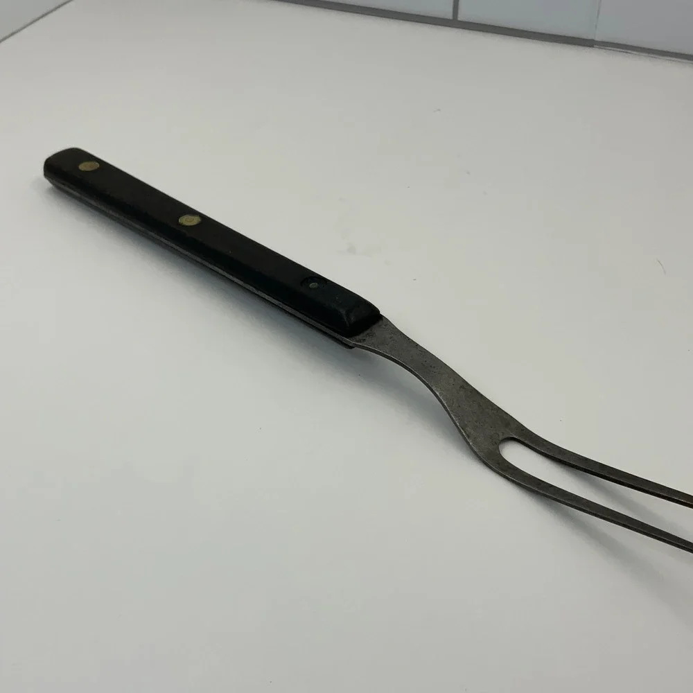 Vintage Unbranded Two Tine Carving Fork Wood Carbon Steel Brown 10.75in